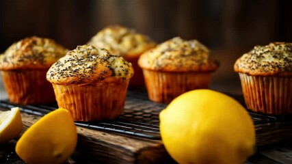 Delicious lemon poppy seed muffins baked to perfection in a cozy kitchen setting with fresh lemons nearby