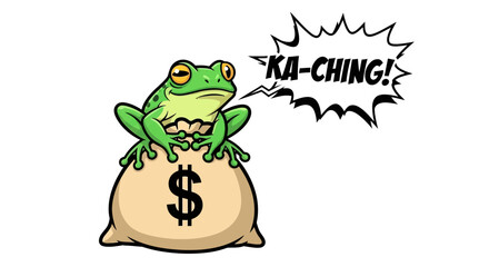 Cartoon Frog Sitting on Money Bag with 