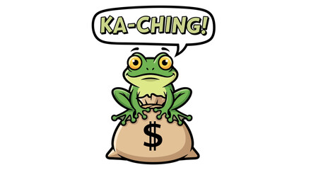 Cartoon Frog Sitting on a Money Bag, Saying 