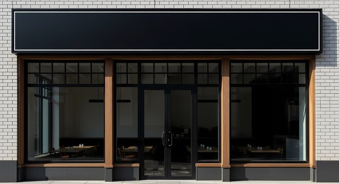 Front view of a modern brick storefront with a large blank black sign for mockup purposes. - Powered by Adobe
