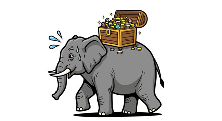 Cartoon Elephant Carrying Treasure Chest, Walking Forward.