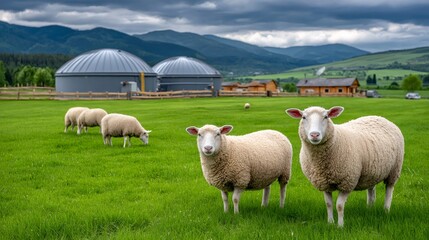 Obraz premium Sheep grazing on sustainable farm with biogas plant in background