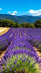 A sprawling field of vibrant purple lavender blooms stretches across a sunny landscape, bordered by rolling hills and lush greenery.