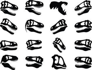 Silhouette illustration of dinosaur skulls and fossil heads, prehistoric skeleton bones, tyrannosaurus rex fossil silhouette, ancient paleontology vector collection for education design