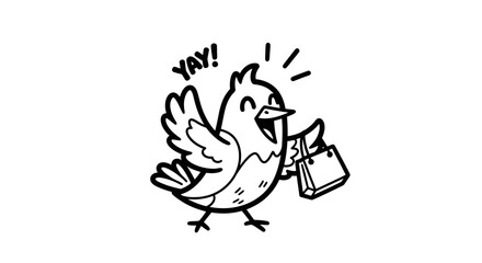 Cheerful Cartoon Bird with Shopping Bag Saying Yay!