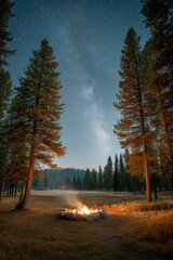 cozy campfire setting illuminated by warm flames surrounded by serene starry sky