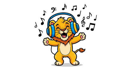 Cheerful Cartoon Lion Listening to Music with Headphones