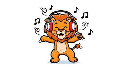 Happy Cartoon Lion Dancing with Headphones and Music Notes