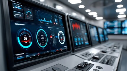 Control panel showing various data on multiple monitors in a modern monitoring room