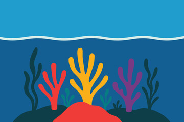 Vibrant underwater scene with colorful coral and seaweed beneath a calm blue ocean surface, flat illustration.