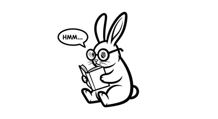 Cartoon Rabbit Reading a Book with Glasses and Thinking 