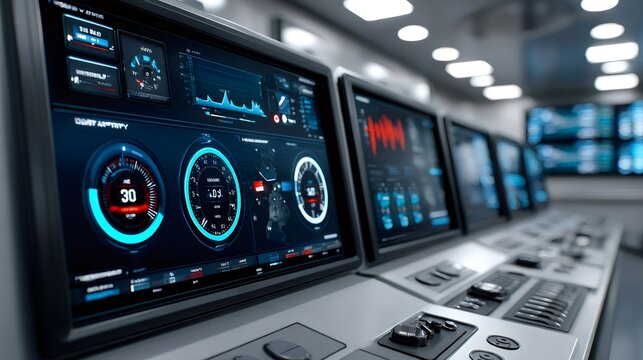 Control panel showing various data on multiple monitors in a modern monitoring room