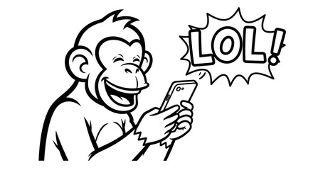 Cartoon Monkey Laughing at Phone with LOL Speech Bubble