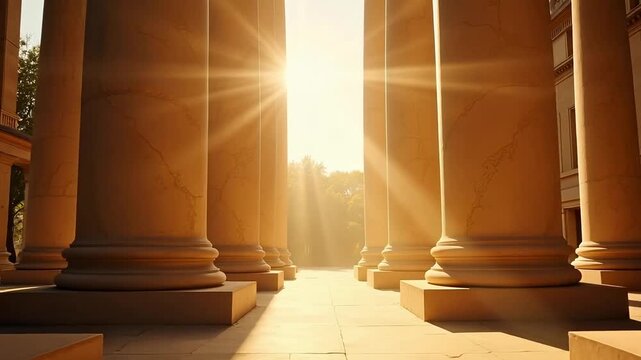 Majestic stone columns bathed in warm, radiant sunlight, evoking a sense of timeless grandeur and knowledge.