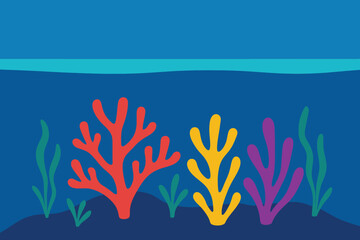 Underwater scene with colorful coral and seaweed against a blue background.