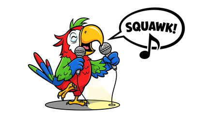 Singing Cartoon Parrot with Microphones and Speech Bubble