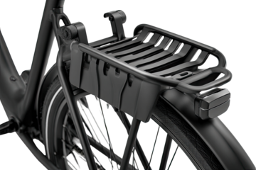 Black e-bike rear rack, city, close-up, cargo