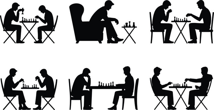 Silhouette illustration of people playing chess, sitting at table, thinking, strategy game concept, competitive board activity, black vector isolated design