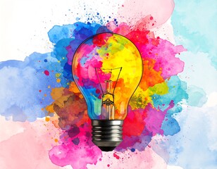 Colorful lightbulb surrounded by vibrant watercolor splashes