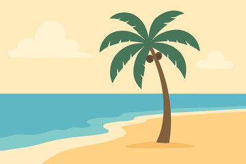 Single palm tree on a sandy beach by a calm ocean.