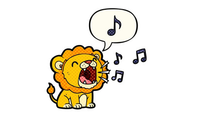 Cartoon Lion Singing with Musical Notes and Speech Bubble
