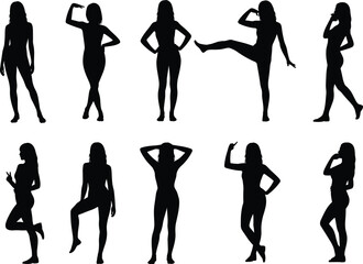  Silhouette illustration of women standing in different fashion poses, lifestyle activity, beauty concept, stylish female body design, black vector isolated art