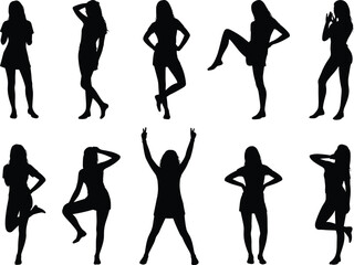Silhouette illustration of young woman in different fashion poses, standing, sitting, dancing, lifestyle activity concept, black vector isolated design, modern art