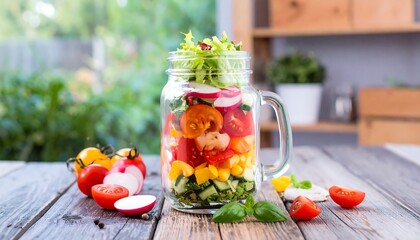 A colorful layered vegetable salad in a mason jar, beautifully presented on a rustic wooden table, showcasing vibrant hues and healthy ingredients.