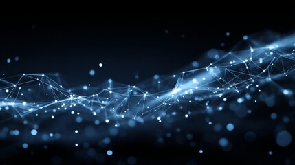 Dynamic glowing digital network connecting abstract futuristic nodes and lines on dark background, representing data flow and technology.