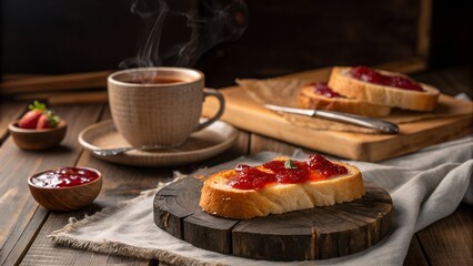 Steaming cup of tea with strawberry jam toast breakfast
