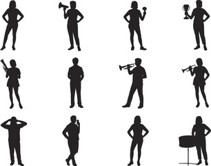 Silhouette vector illustration of men and women standing in various poses, holding megaphone, trumpet, trophy, mobile phone, drum, isolated design