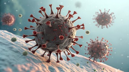 Microscopic view of virus particles infecting a cellular surface