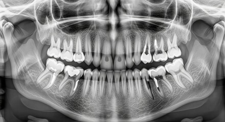 Panoramic x-ray of human teeth showing dental development and structure