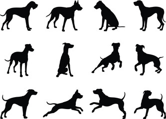 Vector illustration of dog silhouettes in different poses, standing, sitting, running, jumping, black animal outline design collection for pet, domestic animal artwork