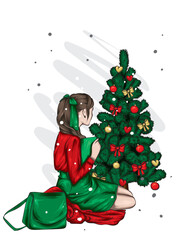 Beautiful girl in stylish clothes. Fashion and style. New Year and Christmas. Vector illustration.