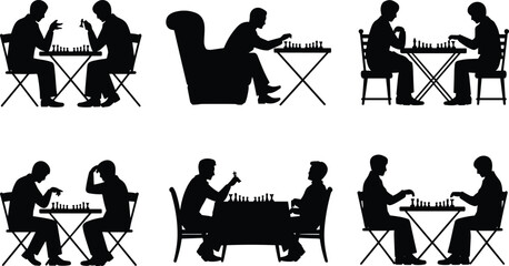 Vector illustration of people playing chess in different sitting poses, strategy game concept, competition, concentration, isolated black silhouette design for intelligence themes