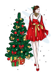 A beautiful girl in stylish clothes and a Christmas tree. Fashion and style. Vector illustration.