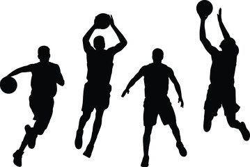 Vector silhouette illustration of basketball players in action poses, playing, jumping, dribbling, dunking, shooting, sports athletes design elements for competitive game © MdShahin