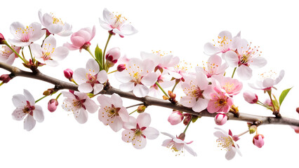 Beautiful cherry blossom branch isolated on transparent background, showcasing the delicate pink flowers and intricate details of springtime