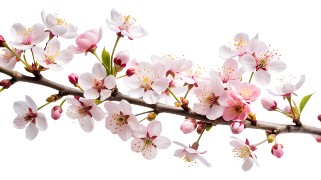 Beautiful cherry blossom branch isolated on transparent background, showcasing the delicate pink flowers and intricate details of springtime