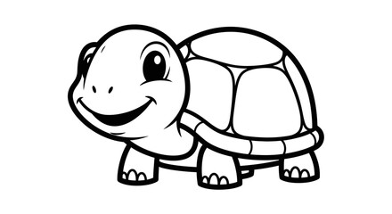 Happy Cartoon Turtle with Shell, Line Art Illustration