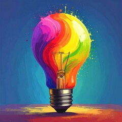A vibrant, colorful lightbulb bursts with creative energy, showcasing a spectrum of hues and artistic expression.