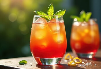 Vibrant Colorful Cocktail Garnished with Fresh Herbs Lush Green Mint Sprigs Citron Lemon Zest Refreshing Summer Drink Party Beverage