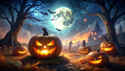 Fantastical Halloween scene with glowing jack-o'-lanterns, bats, gothic castle, full moon, mist, and fiery sunset in eerie landscape.