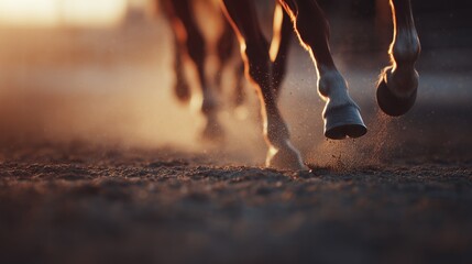 Close-up of horses' hooves kicking up dust while galloping on a sunlit track, highlighting speed and motion.