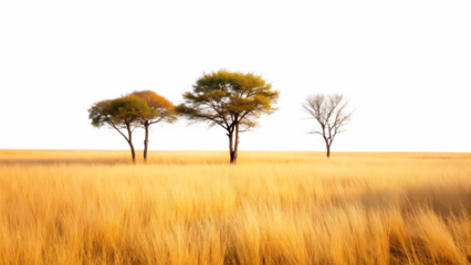 Three trees in a golden field, isolated on transparent background, creating a serene and picturesque landscape with a touch of wilderness