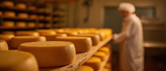 The Cheese Wheels Aging on Wooden Shelves in Artisan Dairy Cellar with Cheesemaker