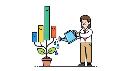 Cartoon Man Watering a Growing Bar Graph Plant in a Pot