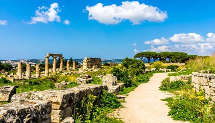 A sun-drenched path winds through ancient ruins, revealing historical remnants amidst vibrant greenery and a backdrop of a tranquil landscape.