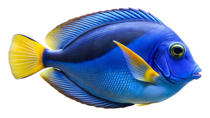 A stunning blue tang fish gracefully swimming, its vibrant yellow tail creating a beautiful contrast, isolated on transparent background, showcasing marine beauty